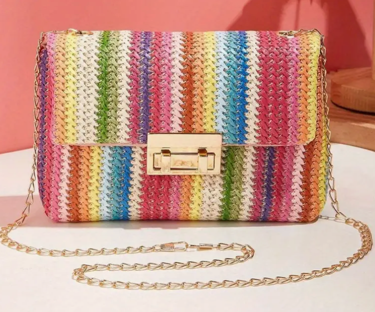 Rattan Woven Crossbody Handbag- Striped